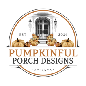 Logo for Pumpkinful Porch Designs of Atlanta featuring a elegent illustration of pumpkins arranged on steps leading to an high end home, symbolizing cozy, seasonal porch decor