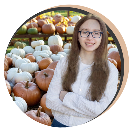 Young entrepreneur on the autism spectrum stands confidently with arms crossed in front of a vibrant pumpkin patch featuring neatly arranged orange and white pumpkins on wooden racks. She is wearing a white button-up shirt and appears outdoors on a bright, sunny day. The circular frame highlights her as the focal point, emphasizing her role as the CEO of "Pumpkinful Porch Designs," a company specializing in pumpkin delivery and creative porch designs in Atlanta. The colorful pumpkin patch in the background reinforces the seasonal and decorative focus of her business