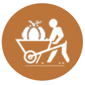 Icon of a person pushing a wheelbarrow filled with pumpkins, symbolizing pumpkin removal and recycling in North Atlanta